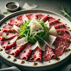 Carpaccio de ternera con parmesano, aceite de trufa y rúcula